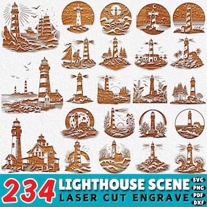 Può includere: Una collezione di 234 scene di faro incise al laser. Le immagini presentano illustrazioni dettagliate di fari, alcune con navi, onde ed elementi naturali. Il testo in basso recita "234 LIGHTHOUSE SCENE LASER CUT ENGRAVE".