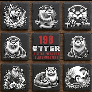 May include: Nine black slate coasters with white otter illustrations. The coasters feature various otter designs, including otters in water, sitting, and with floral elements. One coaster displays the text "198 OTTER DIGITAL FILES FOR SLATE COASTERS."
