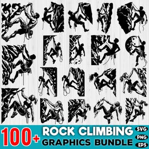 Peut inclure: Un ensemble de plus de 100 silhouettes de grimpeurs en noir et blanc. Les graphiques représentent des personnes grimpant sur différentes formations rocheuses. Les graphiques sont parfaits pour une utilisation dans les designs numériques, l'artisanat et plus encore.