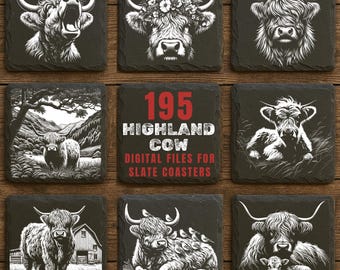 195 Highland Cow Slate Engraving Files: Farm Animal PNG Bundle for Engraving Designs | Commercial Use