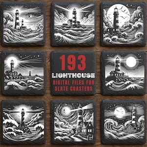 May include: Nine square slate coasters with monochrome lighthouse illustrations. The designs show lighthouses on rocky coasts with waves, under starry skies, and with the moon. The central coaster has the text "193 Lighthouse Digital Files for Slate Coasters."