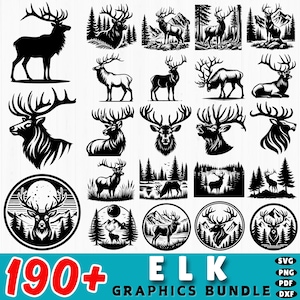 May include: A selection of elk graphics in diverse poses and styles, including silhouettes, detailed illustrations, and circular designs. The images are mainly black and white, with some incorporating forest and mountain backgrounds. The text "190+ ELK GRAPHICS BUNDLE" is displayed.