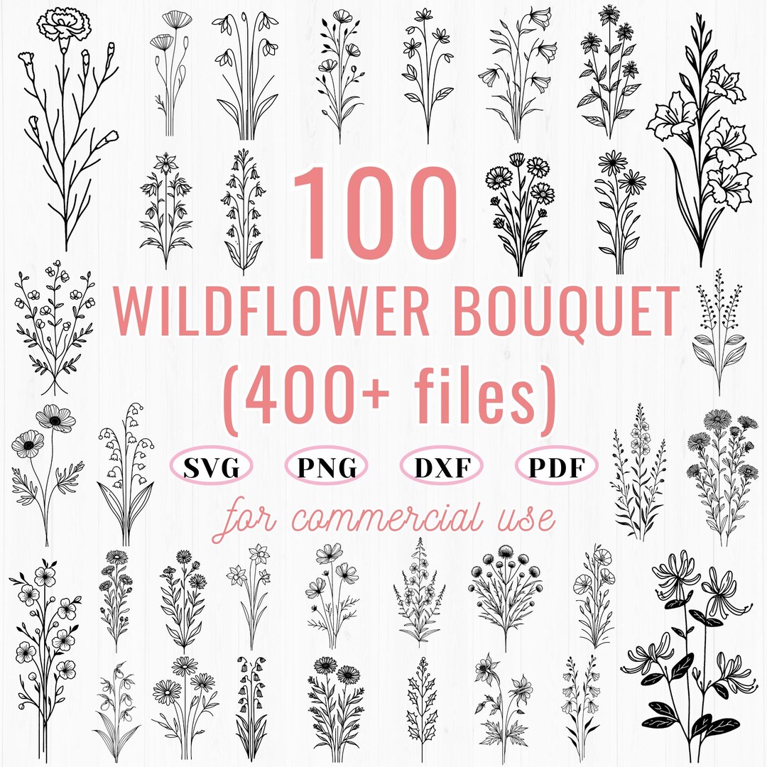 Minimalist Wildflower Bouquet SVG Bundle: Floral Line Art (400+ Files ...