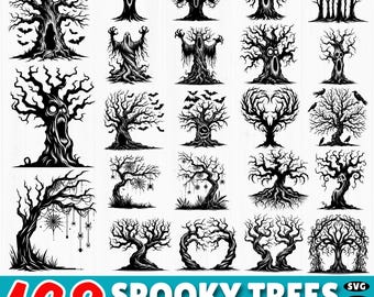May include: A collection of 168 spooky tree graphics in black and white. The trees feature various designs, including faces, bats, and spiderwebs. The text "168 Spooky Trees Graphics Bundle" is displayed at the bottom.