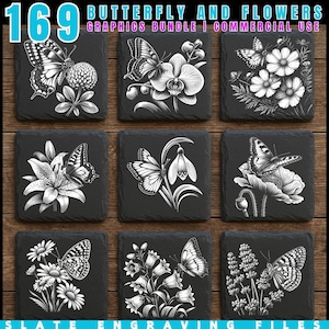 Può includere: Una collezione di nove sottobicchieri quadrati in ardesia con disegni incisi di farfalle e fiori. I sottobicchieri presentano dettagliate illustrazioni in bianco e nero di varie farfalle e composizioni floreali. Il testo "169 BUTTERFLY AND FLOWERS GRAPHICS BUNDLE I COMMERCIAL USE" è visibile.