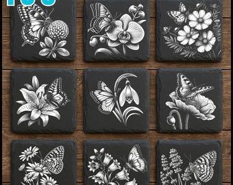 169 Butterfly and Flower Slate Engraving Files: Floral Butterfly PNG Bundle for Engraving Designs | Commercial Use