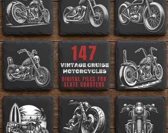 147 plików do grawerowania motocykli Vintage Cruiser Slate: Pakiet plików PNG dla motocyklistów do projektów grawerunkowych | Użytek komercyjny