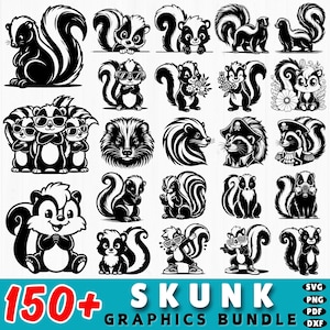Peut inclure: Une collection de graphiques de moufettes en noir et blanc, dans diverses poses et styles. L'image comprend des moufettes avec des lunettes de soleil, des fleurs et des chapeaux de pirate. Le texte en bas indique "150+ SKUNK GRAPHICS BUNDLE" avec des icônes de type de fichier.
