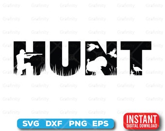 Puede incluir: Diseño de silueta en blanco y negro de la palabra "HUNT" con un cazador sosteniendo un rifle, un pavo y otras aves dentro de las letras.