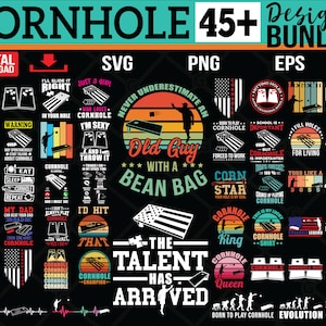 Puede incluir: Una colección de más de 45 diseños digitales con varios refranes e ilustraciones relacionados con el juego de cornhole. Los diseños están disponibles en formatos SVG, PNG y EPS. Algunos de los refranes incluyen "Comer, dormir, cornhole, repetir", "Nunca subestimes a un viejo con una bolsa de frijoles", "Rey del cornhole" y "Reina del cornhole".
