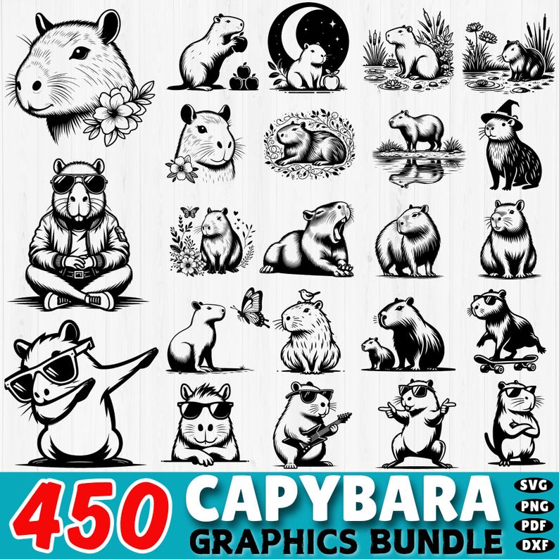450 Kapybara SVG-paket | Söt Kapybara Clipart | Kawaii djurillustrationer | DXF-klippfiler | Direktnedladdning | Kommersiellt bruk bild 1