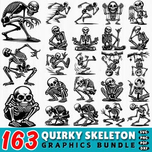 Op de afbeelding: Een verzameling van 163 eigenzinnige skeletafbeeldingen in verschillende poses, waaronder rennen, mediteren en ondersteboven hangen. De skeletten zijn zwart-wit illustraties met gedetailleerde botstructuren. De tekst "163 Quirky Skeleton Graphics Bundle" staat onderaan.