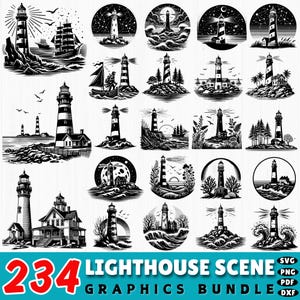 May include: A collection of 234 black and white lighthouse scene graphics. The images depict various lighthouse designs, some with ships, waves, and celestial backgrounds. The text at the bottom reads "LIGHTHOUSE SCENE GRAPHICS BUNDLE".