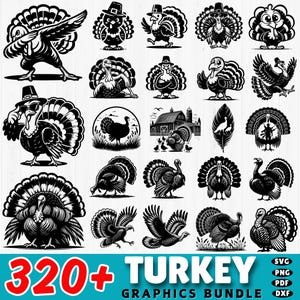 May include: A digital download of over 320 black and white turkey graphics in SVG, PNG, PDF, and DXF formats. The graphics feature turkeys in various poses, including standing, walking, and running. Some turkeys are wearing hats or other accessories.