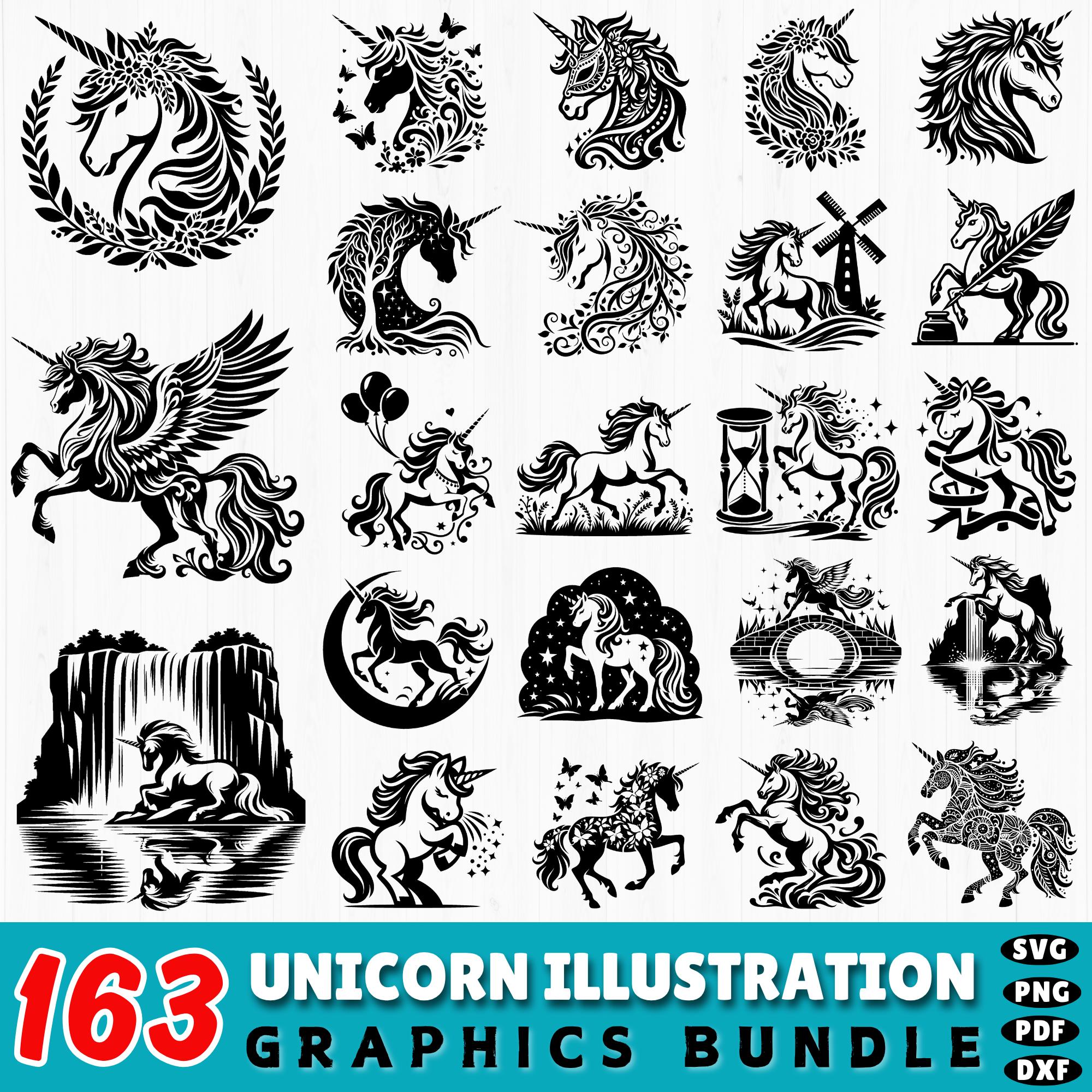 ユニコーンの絵 ユニコーンのイラストSVGバンドル：163種類の魔法のようなクリップ