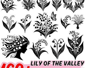 Könnte beinhalten: Eine Sammlung von Schwarz-Weiß-Grafiken des Maiglöckchens. Das Bild enthält verschiedene Blumenarrangements, Schmetterlinge und eine Silhouette eines Frauenprofils. Der Text lautet "160+ LILY OF THE VALLEY GRAPHICS BUNDLE | COMMERCIAL USE" mit Dateityp-Symbolen.
