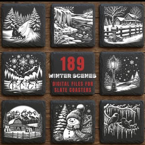 May include: Nine black slate coasters with winter scenes. The coasters feature white illustrations of a person sledding, ducks on a frozen river, a house in the snow, ice skaters, a lamppost, a snowman, and birds. The center coaster has the text "189 WINTER SCENES DIGITAL FILES FOR SLATE COASTERS."