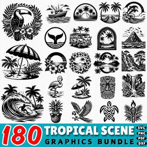 May include: A collection of 180 black and white tropical scene graphics. The images include a toucan, boat, palm trees, waves, a whale tail, a van, an umbrella, a flamingo, a pineapple, a parrot, a turtle, and a tiki mask. The text reads "180 TROPICAL SCENE GRAPHICS BUNDLE".
