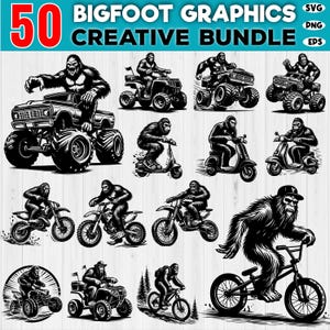 Può includere: Un set di 50 grafiche vettoriali in bianco e nero che presentano un personaggio di Bigfoot in varie pose e attività, tra cui guidare una motocicletta, guidare un camion, guidare uno scooter e andare in bicicletta. Le grafiche sono perfette per l'uso in progetti digitali, come la progettazione di siti Web, la grafica dei social media e i progetti di stampa.