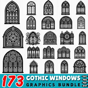 173 Gothic Windows Svg | Cathedral Window Dxf Files | Medieval Arch Clipart | Cricut Stained Glass Frame Bundle | Commercial use