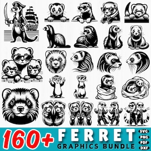 May include: A collection of black and white ferret graphics in various poses and styles. Some ferrets wear sunglasses, while others are depicted as pirates or in pairs. The image includes the text "160+ FERRET GRAPHICS BUNDLE".