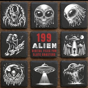 May include: Nine square slate coasters with alien-themed designs. The coasters feature various illustrations of aliens, skulls, and UFOs in black and white. One coaster has the text "199 ALIEN DIGITAL FILES FOR SLATE COASTERS".