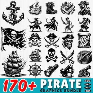 Plus de 170 fichiers SVG pirates | Fichiers DXF pirates | Fichiers coupés tête de mort | Silhouettes de bateau pirate | Clipart Carte au Trésor | Utilisation commerciale