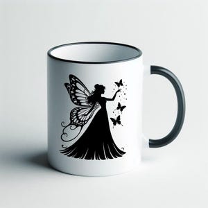 May include: White ceramic mug with a black rim and handle. The mug features a black silhouette of a fairy with wings and butterflies.
