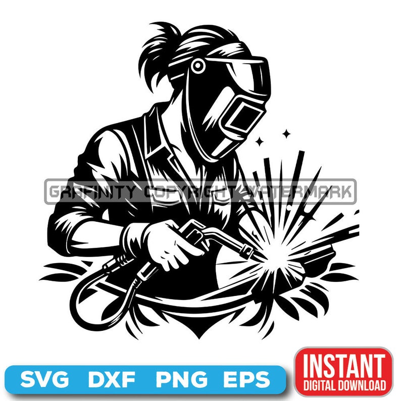 May include: Black and white illustration of a welder wearing a welding mask and holding a welding torch. The welder is surrounded by sparks and smoke.