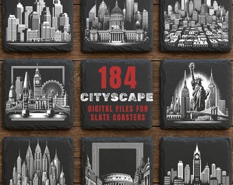 Pode incluir: Nove bases de ardósia preta com desenhos de horizonte branco. As bases apresentam marcos icónicos e paisagens urbanas, incluindo a Estátua da Liberdade e o Big Ben. A base central tem o texto "184 CITYSCAPE DIGITAL FILES FOR SLATE COASTERS."