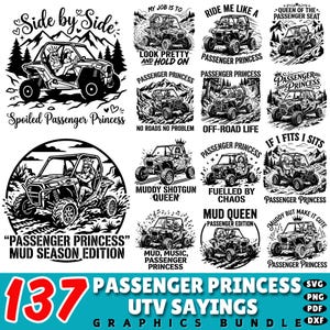 May include: A collection of 137 black and white graphic designs featuring UTV vehicles and various text slogans like Passenger Princess, Mud Queen, and Off-Road Life. The illustrations depict off-road vehicles in mountainous terrain.
