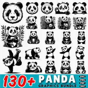 May include: A collection of black and white panda bear graphics in various poses and styles. The image includes the text "130+ PANDA GRAPHICS BUNDLE" with file type icons. The pandas are depicted in different activities, such as eating bamboo, dancing, and wearing glasses.