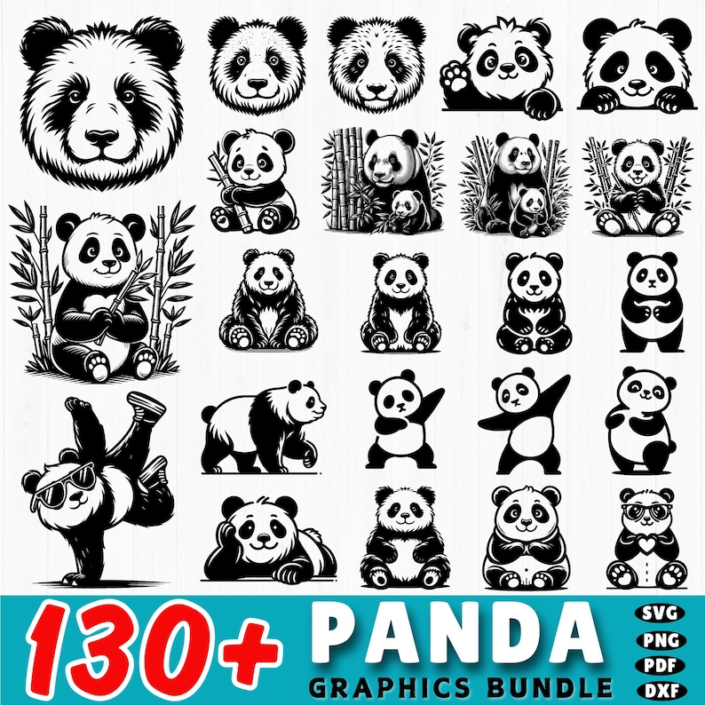 May include: A selection of black and white panda bear illustrations in diverse poses. The image features the text "130+ PANDA GRAPHICS BUNDLE" with file type icons. The pandas are shown in various activities, including eating bamboo, dancing, and wearing glasses.