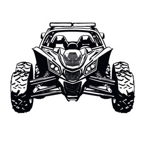 以下が含まれることがあります： ロールケージと大型タイヤを備えたオフロード車の白黒シルエットです。