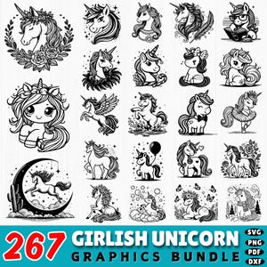 267 Girlish Unicorn SVG Bundle | Cute Unicorn DXF for Girls | Pastel Unicorn PNG Clipart | Cricut Files for Crafts & Decor | commercial use