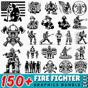 Puede incluir: Una colección de gráficos de bomberos en blanco y negro. Las imágenes incluyen siluetas de bomberos con hachas, camiones de bomberos y la bandera estadounidense. El texto en la parte inferior dice "150+ FIRE FIGHTER GRAPHICS BUNDLE" con iconos de tipo de archivo.