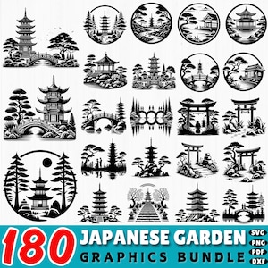Puede incluir: Un conjunto de 180 gráficos de jardín japonés en blanco y negro. Los diseños incluyen pagodas, puentes, árboles y elementos arquitectónicos tradicionales japoneses. Se muestra el texto "JAPANESE GARDEN GRAPHICS BUNDLE".