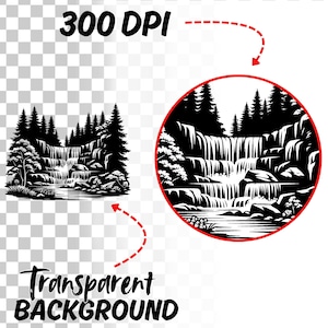 May include: Black and white illustration of a waterfall cascading down a rocky cliff face, surrounded by trees. The image has a transparent background.