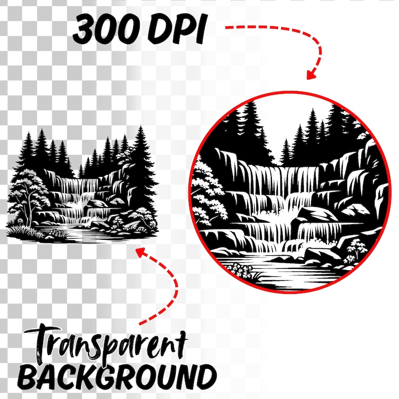 May include: Black and white illustration of a waterfall cascading down a rocky cliff face, surrounded by trees. The image has a transparent background.