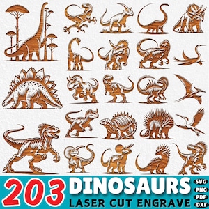 Laser engraving files 203 Dinosaur DXF Bundle | Jurassic Dino Laser Cut Files | Trex and Dino Vector Pack | Engraving Ready Dinosaur SVGs