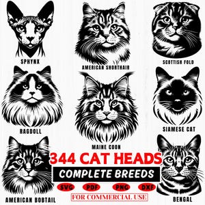 344 Cat Heads Portrait Svg | Cat Face Dxf Bundle | Pet Lover Cricut Cut Files | Cat Breed Face Clipart