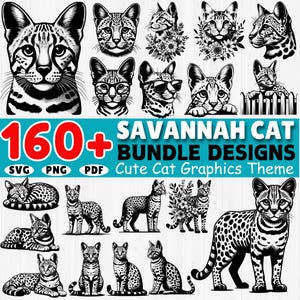 Könnte beinhalten: Ein digitaler Download von über 160 Schwarzweiß-Grafiken von Savannah-Katzen. Die Grafiken zeigen eine Vielzahl von Posen und Ausdrücken, darunter Schlaf, Sitzen und Stehen. Der Text "160+ Savannah Cat Bundle Designs" ist in Rot und Weiß auf blauem Hintergrund dargestellt. Der Text "Cute Cat Graphics Theme" ist in Schwarz auf blauem Hintergrund dargestellt. Der Text "SVG PNG PDF" ist in Weiß auf blauem Hintergrund dargestellt.