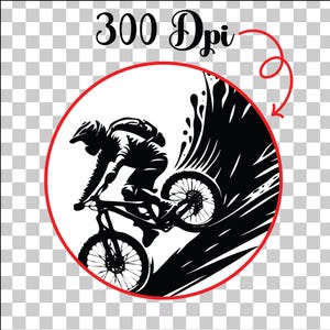 Op de afbeelding: Zwart-witte silhouet van een mountainbiker die bergafwaarts rijdt. De fietser draagt een helm en een bril. De fiets heeft twee wielen en een verende vork. De achtergrond is een gestileerde weergave van een berghelling.
