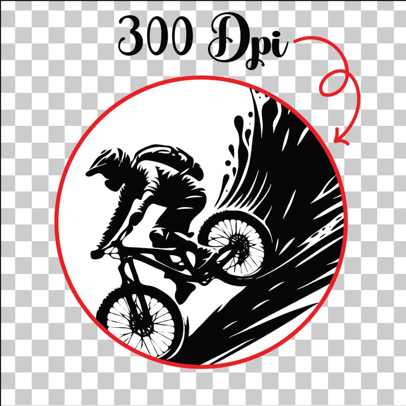 Op de afbeelding: Zwart-witte silhouet van een mountainbiker die bergafwaarts rijdt. De fietser draagt een helm en een bril. De fiets heeft twee wielen en een verende vork. De achtergrond is een gestileerde weergave van een berghelling.
