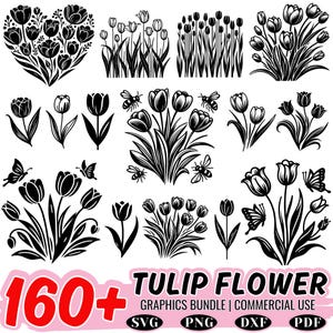 160+ Tulip flower svg bundle | floral line art cut files | cricut dxf png pdf | botanical tulip clipart | elegant flower design