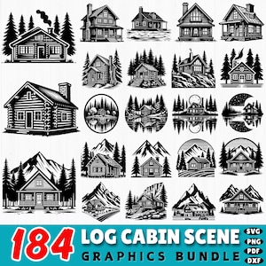 184 Log Cabin Svg Bundle | Rustic Cabin Dxf Files | Mountain Cabin Clipart | Outdoor Forest Cricut Cut Designs | Commercial Use