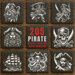 May include: Nine square slate coasters with pirate-themed designs. The coasters feature illustrations of pirates, skulls, a ship, and an octopus with a ship's wheel. The text "205 PIRATE DIGITAL FILES FOR SLATE COASTERS" is also displayed.