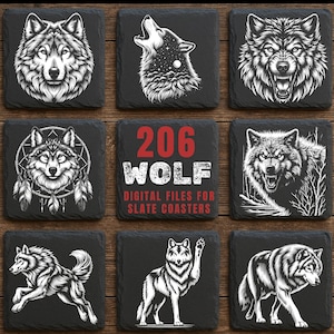 May include: Nine square slate coasters with detailed white wolf illustrations. The coasters feature various wolf designs, including a howling wolf, a wolf with a dreamcatcher, and a wolf with its paw raised. The center coaster has the text "206 WOLF DIGITAL FILES FOR SLATE COASTERS."