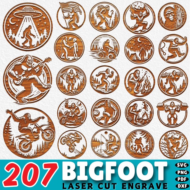 May include: A collection of 207 Bigfoot-themed laser-cut engravings in a variety of circular designs. Each design features a Bigfoot illustration engaged in different activities, such as playing guitar, riding a motorcycle, or fishing. The text "207 BIGFOOT LASER CUT ENGRAVE" is at the bottom.