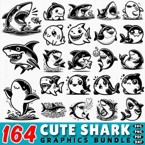 164 Cute Shark SVG Bundle | Funny Ocean Animals DXF | Kawaii Shark Cricut Files | Sea Life Vector Clipart for Kids Crafts | Commercial Use